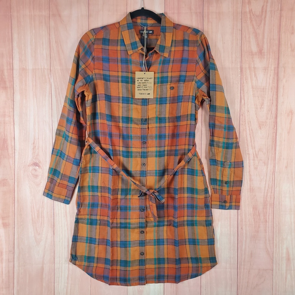 Toad&Co Re-Form Women Dress Sz Small Orange Flannel Cotton Long Sleeve Pullover